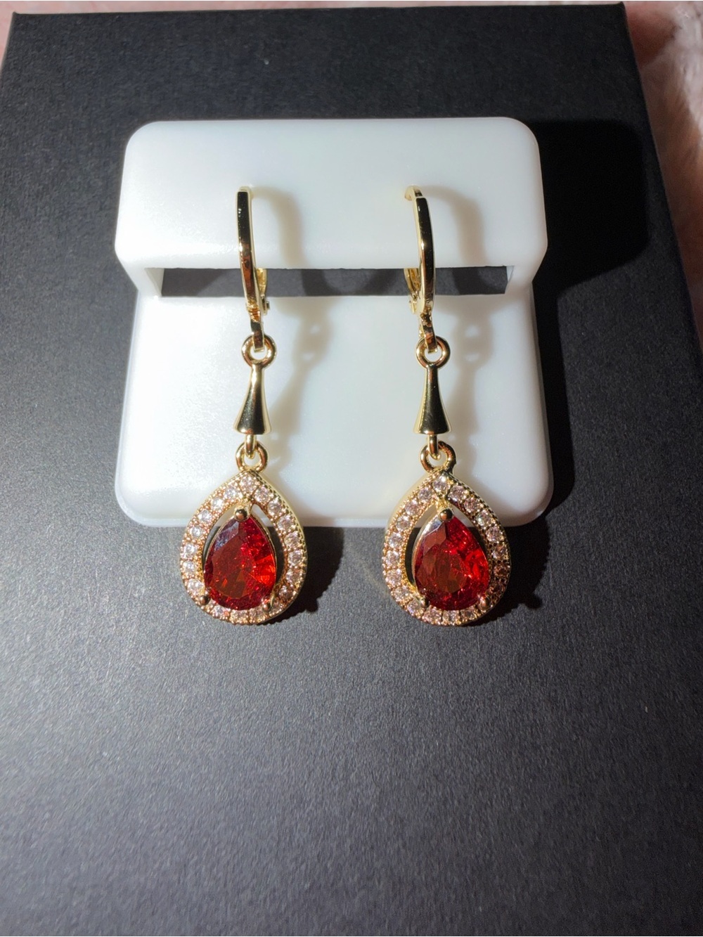 Gold Teardrop Garnet Crystal Dangle Earrings